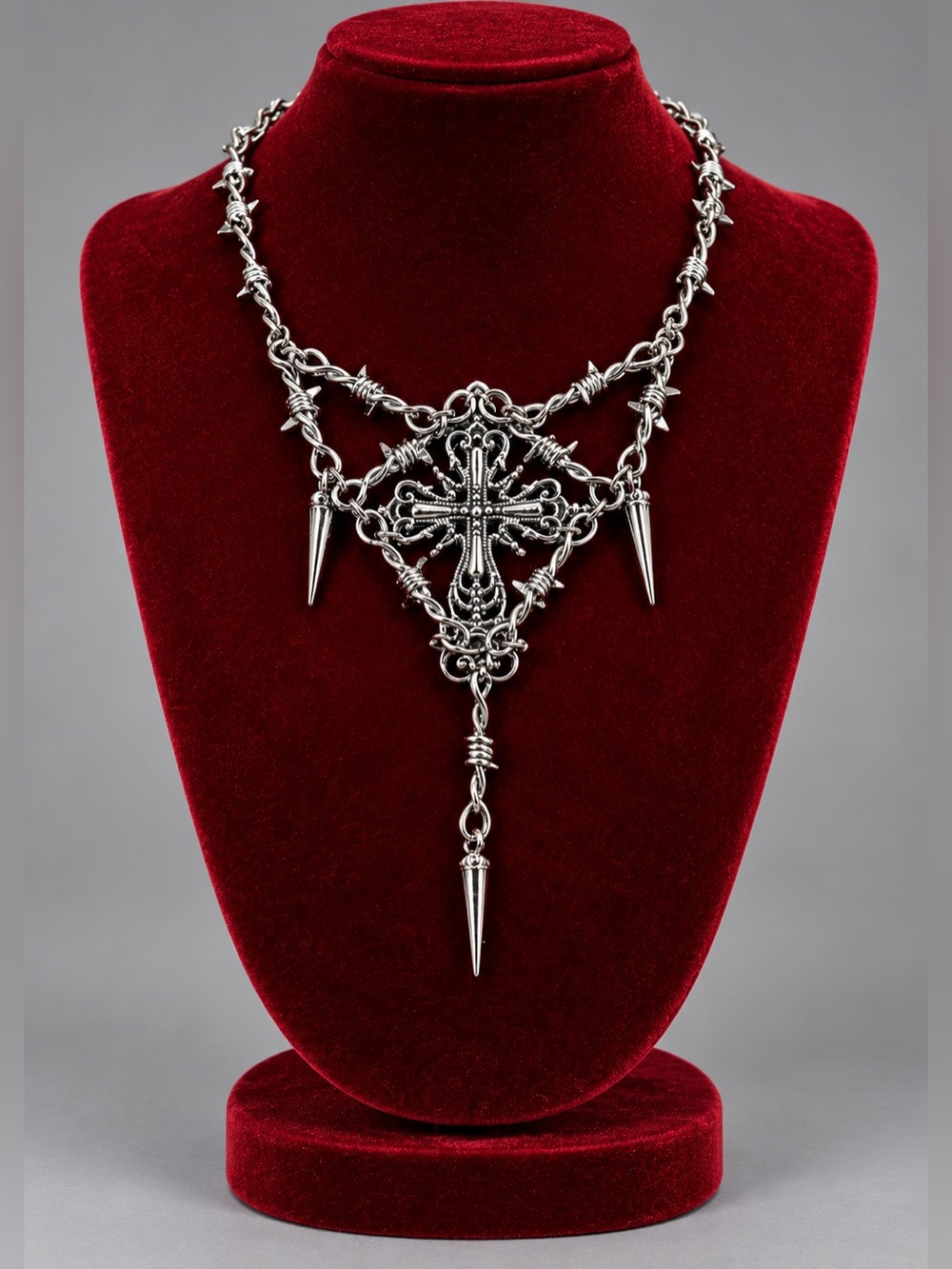 Silver Cross Pendant Necklace with Spike Accents - Gothic Women Jewelry